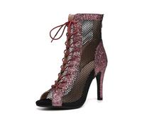 SWDZM Scarpe da Ballo Stivaletti Salsa e Bachata Jazz Donna con Brillantini con Punta Aperta,Rosa,Tacco 9.5cm,Suola in Gomma,37.5EU