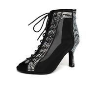 SWDZM Stivaletti da Ballo Donna Strass Punta Aperta Lace-up Tacco Alto Salsa,Nero,Tacco-8.5CM,EU 36.5