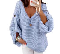 Sweat Shirts Longs pour Femmes, pulls Oversize à col en V, pulls amples à Manches Longues en Grosse Maille, hauts d'hiver, Bleu Clair, Taille S
