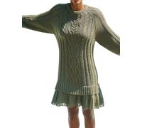 Sweater Dress with Skirt, Women Cable Knit Sweater Dress Crewneck Long Sleeve Pleated Mini Dress (Green,XS)