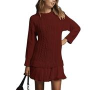 Sweater Dress with Skirt, Women Cable Knit Sweater Dress Crewneck Long Sleeve Pleated Mini Dress (Wine Red,XL)
