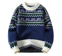 Sweater Men's Autumn And Winter Pullover Thick Knit Sweater Loose Thread Round Neck Base(Dark Blue,M)