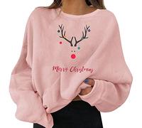 Sweatshirt da donna natalizio a maniche lunghe, con scollo rotondo, pullover moda con stampa divertente di alce, taglia grande, 2-rosa, L