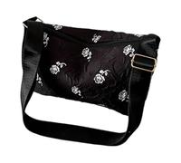 Sweeaau Borsa a tracolla in cotone traspirante con motivo floreale, leggera, spaziosa tasca per pendolarismo, uso quotidiano, in cotone leggero, Nero , One Size