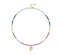 Sweeaau Collana con ciondolo a forma di lettera bollita placcata in oro 14 carati con perle di pietra preziosa arcobaleno per le donne gioielli da spiaggia collana stile costiero alla moda, talla