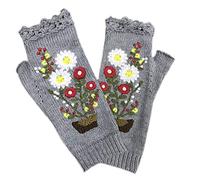 Sweeaau Guanti invernali lavorati a maglia ricamo modello floreale donna mezze dita guanti addensare sci all'aperto donne calde scaldamani, Ricamato a maglia, Taglia unica