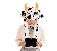 Sweeaau Peluche divertente cappello mucca bambini peluche berretto giocattolo con orecchie mobili scaldacollo sciarpa guanti tasca costume festa di Halloween copricapo cappello invernale e guanti per