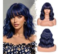 SweeceHair Parrucca a caschetto blu scuro con frangia, da donna, 35,5 cm, capelli sintetici corti sciolti ondulati resistenti al calore, lunghezza fino alle spalle, per uso quotidiano e cosplay