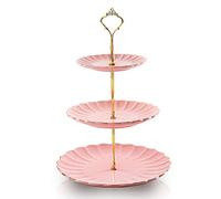 Sweejar Home Alzatina per dolci a 3 piani in ceramica, alzata per dolci di matrimonio, desset, cupcake, display per cibo per l’ora del tè rosa