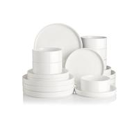 Sweejar Home Servizio da tavola in porcellana per 6 persone, 18 pezzi, piatti e ciotole in ceramica, classico e moderno, lavabile in lavastoviglie e forno a microonde, colore: bianco puro