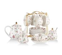 Sweejar Home Servizio da tè in porcellana British Royal Series, tazze e piattino per 6, con teiera, brocca, cucchiaini e colino, adatto per tè alto (floreale)