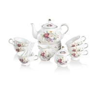 Sweejar Home Set da tè in porcellana, 21 pezzi, tazze da tè e piattini, set da 6 pezzi, regalo floreale vintage, servizio da tè per adulti, brocca e cucchiai, adatto per il tè pomeridiano (fiore di
