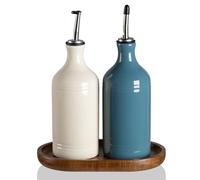 Sweejar Home Set di 2 dispenser per olio d'oliva in ceramica con vassoio, 460 ml, per bancone della cucina, ampolla opaca per conservare salsa di soia, aceto, liquidi, confezione da 2 (beigeFogblue)