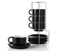 Sweejar Home Set di 4 tazze da caffè in ceramica, impilabili, da 120 ml, con piattini e supporto in metallo, tazze in porcellana per bevande da caffè, latte, tè (nero)
