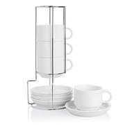 Sweejar Home Set di 4 tazze da espresso in porcellana con piattini, 230 ml, impilabili con supporto in metallo, per bevande da caffè, latte, tè - Bianco