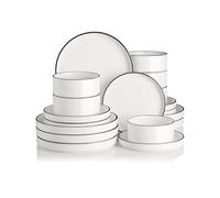 Sweejar Home Set di stoviglie in porcellana per 6 persone, 18 pezzi, piatti e ciotole in ceramica, classici, moderni, semplici, da cucina, lavabili in lavastoviglie e microonde, colore: bianco/nero