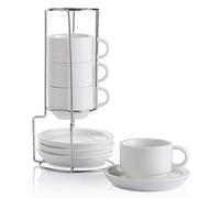 Sweejar Home Set di tazze da cappuccino in porcellana con piattini e supporto in metallo, tazze da espresso impilabili per bevande da caffè speciali, latte, Americano, tè con set di 4 (bianco, 120ml)