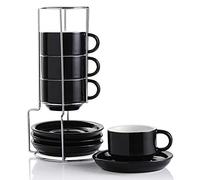 Sweejar Home Tazzine da caffè in porcellana con piattini, 120 ml impilabili, con supporto in metallo per bevande da caffè, latte e tè, set da 4 (nero)