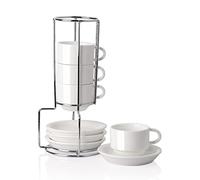Sweejar Home Tazzine da caffè in porcellana con piattini, 70 ml, impilabili, tazze da cappuccino con supporto in metallo, per caffè, latte, tè, set da 4 (bianco)