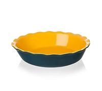 Sweejar Home Teglia da forno in ceramica per torte, 26 cm, rotonda, per cena, antiaderente, con bordo ondulato, per torte di mele, torte di zucca, torte in vaso (blu/giallo)