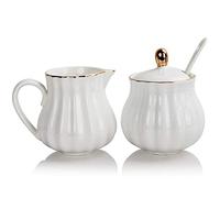 Sweejar Royal - Set da 3 pezzi in ceramica per zucchero e lattiera, con brocca per panna, zuccheriera, set per zucchero con coperchio e cucchiaio, regalo per matrimonio (bianco)