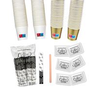 SWEEPING kit caffe bicchierini palettine e zucchero 600 Bicchierini Caffè + 600 Palette + 600 bustine zucchero - Bicchieri 65 ml in Carta e Palettine Usa e Getta Riciclabile,Due Colori (Bianco+Oro)