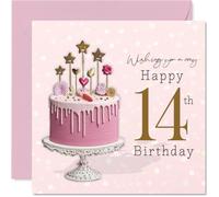 Sweet 14th Birthday Card - Make Their Big Day Sparkle - Pink Drip Cake con stella dorata e decorazioni a cuore su sfondo coriandoli - 145 mm quadrato, busta inclusa