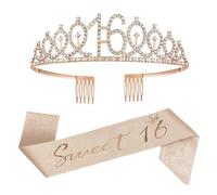 Sweet 16 - Set di diadema con fascia e strass per ragazze, corona di strass rosa 16 e fascia decorativa in raso, dolce regalo per 16° compleanno per ragazze Happy 16th Birthday Party Favor Supplies
