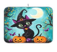 Sweet Fun - Tappetino scolapiatti assorbente, 45,7 x 61,7 cm, motivo: gatto, zucca, luna, protezione per cucina, asciugatura rapida