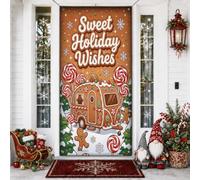 Sweet Holiday Gingerbread Camping Greeting Christmas Door Covers 91 x 182 | Lecca lecca alla menta piperita, striscione per portico, omino di pan di zenzero, fiocchi di neve invernali, saluto festivo