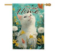 Sweet Home - Bandiera da giardino a forma di gatto, motivo floreale con gattini bianchi, decorazione per esterni su entrambi i lati per primavera estate, graziosa farfalla decorativa per prato, 71 x