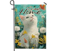 Sweet Home - Bandiera da giardino a forma di gatto, motivo floreale con gattini bianchi, decorazione per esterni su entrambi i lati per primavera estate, graziosa farfalla decorativa per prato, 30,5 x