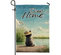 Sweet Home, bandiera da giardino con gatto che pesca e cielo, striscione decorativo con natura, bandiera su entrambi i lati in iuta per esterni, decorazione per prato, stile accogliente stagionale