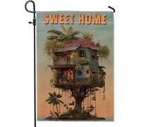 Sweet Home - Bandiera da giardino per casa sull'albero, decorazione per esterni a tema piante tropicali colorate, bandiera da giardino in iuta su entrambi i lati, decorazione estiva per prato, 30,5 x