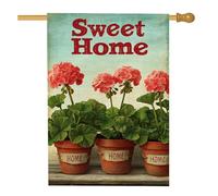 Sweet Home - Bandiera floreale da giardino, gerani rossi, decorazione stagionale per esterni, striscione in iuta su entrambi i lati per decorazione del prato, 71 x 101 cm