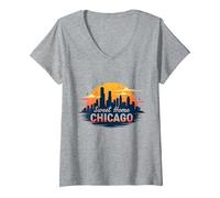 Sweet Home Chicago Skyline Tramonto Music Lover Regalo Maglietta con Collo a V, Donna, Grigio Melange, M