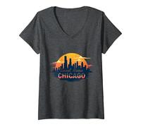 Sweet Home Chicago Skyline Tramonto Music Lover Regalo Maglietta con Collo a V, Donna, Grigio Scuro, XL