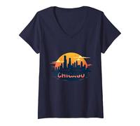 Sweet Home Chicago Skyline Tramonto Music Lover Regalo Maglietta con Collo a V, Donna, Navy, XXL