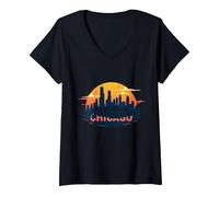 Sweet Home Chicago Skyline Tramonto Music Lover Regalo Maglietta con Collo a V, Donna, Nero, S