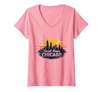 Sweet Home Chicago Skyline Tramonto Music Lover Regalo Maglietta con Collo a V, Donna, Rosa, M