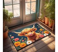 Sweet Home Mat - Zerbino con adorabile mucca delle Highland in un fiore da giardino, zerbino per porta d'ingresso, per esterni e interni (40 x 60 cm)
