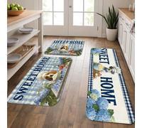 Sweet Home, Tappetini da cucina per pavimento, blu, ortensia vintage, rustici, morbidi, imbottiti, confortevoli, lavabili, antiscivolo, decorativi, per lavelli da cucina, lavanderia e bagno, 3 pezzi