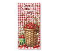 Sweet Summer Days - Striscione decorativo per porta, motivo rustico a scacchi rossi con fragole e api, decorazione stagionale per interni ed esterni, 91 x 182 cm