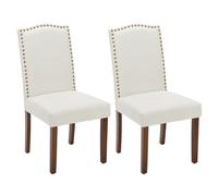 Sweetcripy - Set di 2 sedie per sala da pranzo imbottite, in pelle con intaglio chiodo e gambe in legno, per camera da letto, soggiorno, sala da pranzo, colore: Beige bianco