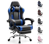 Sweetcrispy Sedia da scrivania per videogiochi, ergonomica, comoda, con poggiapiedi, reclinabile in pelle PU con poggiatesta, bracciolo fisso, regolabile in altezza e girevole a 360°, per adulti, blu