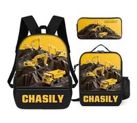 SweetJECCU Zaino personalizzato dell'escavatore, borsa a tema del veicolo di ingegneria di nome 3Pcs su ordinazione di nome 3Pcs insieme dello zaino, Stile 6., Large, Veicolo di ingegn