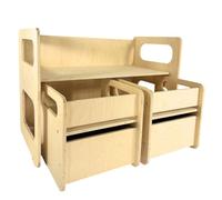 SWEETME Tavolino Banchetto che diventa Panca con 2 Sedie Montessori con Cassetto, Salvaspazio in Legno Betulla per Bambini, Giochi Educativi Montessoriani Studio Cameretta Scuola Asilo Ludoteca