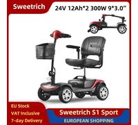 Sweetrich S1 Sport Scooter Elettrico Pieghevole 300W 24V 12Ah * 2 Doppie Batterie 9*3.0 "Pneumatici Anziani E-scooter Sedile Girevole Rosso