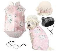 Sweetude Set di 4 costumi da vecchia signora, con abito floreale rosa, cappellino parasole in pizzo, parrucca da vecchia signora, occhiali da sole retrò, per Halloween, Natale, tutte le taglie