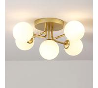 SWEMOPP Plafoniera Moderna in Vetro di Latte a 5 luci della metà del secolo Plafoniera Moderna Sputnik Lampadario a Sfera in Oro Lampadario a Semi-Incasso in Vetro Smerigliato Bianco per Cucina Bagno